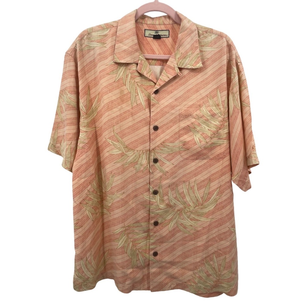 Tommy Bahama Relax Shirt Mens Medium Peach Silk Tropical Leaf Stripe Camp Button